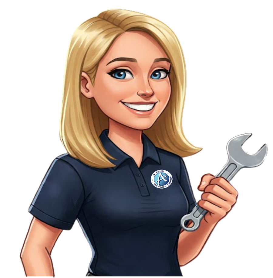 Carrie, the A+ Garage Doors mascot, holding a wrench